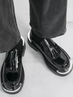Men's Black Loafers Round Toe Metal Detail Slip On Shoes
