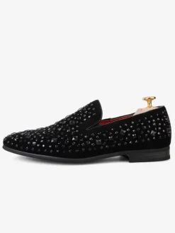 Mens Black Rivets Loafers Studded Rhinestones Slip on Dress Prom Homecoming Wedding Shoes