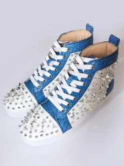 Men's Blue Flat Skate Board Shoes High Top Sneakers with Spikes Prom Homecoming Casual Party Shoes
