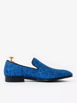 Mens Blue Glitter Sequins Rivets Loafers Round Toe Slip On Prom Party Wedding Shoes