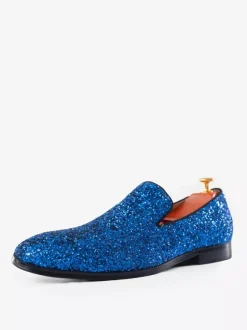 Mens Blue Glitter Sequins Rivets Loafers Round Toe Slip On Prom Party Wedding Shoes
