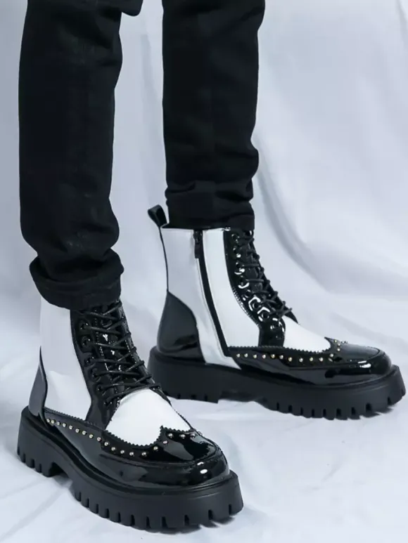 Mens Boots Rivet Wingtip Round Toe Ankle Boots With Anti-Slip Platform Sole