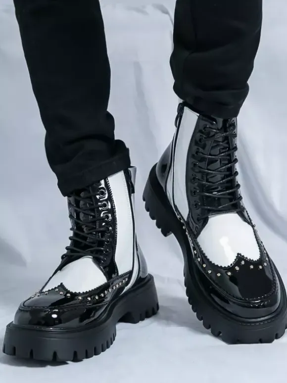 Mens Boots Rivet Wingtip Round Toe Ankle Boots With Anti-Slip Platform Sole
