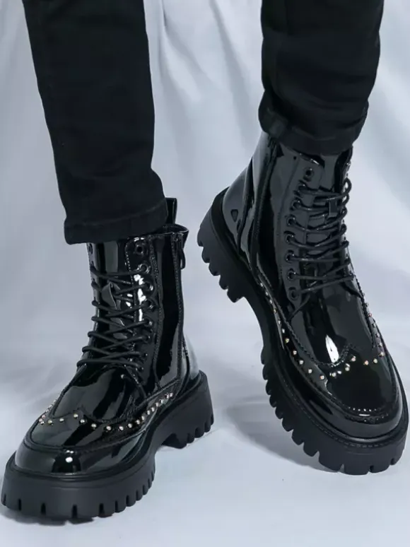 Mens Boots Rivet Wingtip Round Toe Ankle Boots With Anti-Slip Platform Sole