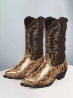 Mens Boots snake mid heel Cowboy Boots Gold Pointed Toe Mid Calf Boots