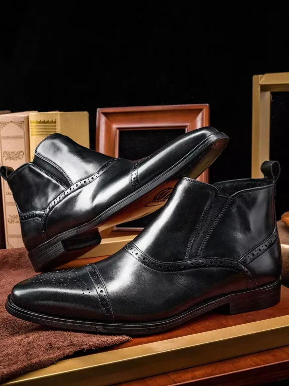Mens Brogue Chelsea Boots High-Top Leather Square Toe Ankle Boots
