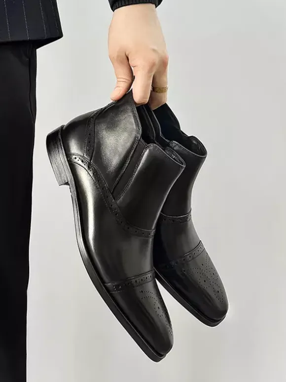 Mens Brogue Chelsea Boots High-Top Leather Square Toe Ankle Boots