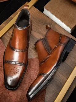 Mens Brogue Chelsea Boots High-Top Leather Square Toe Ankle Boots