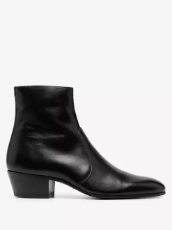 Men's Chelsea Boots Black Cowhide Pointed Toe Chunky Heel Ankle Boots