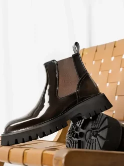 Men's Chelsea Boots Black Patent Cowhide Round Toe Thick Sole Ankle Martin Boots