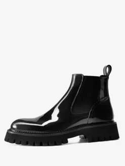 Men's Chelsea Boots Black Patent Cowhide Round Toe Thick Sole Ankle Martin Boots