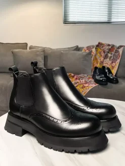 Mens Chelsea Boots Chunky Sole Round-Toe Leather Brogue Boots Height-Increasing Ankle Boots