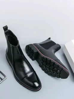 Mens Chelsea Boots High Top Pointed Toe Non Slip Thick Sole Short Boots