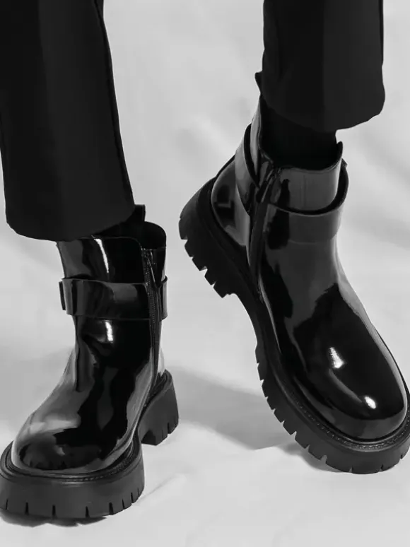 Mens Chelsea Boots Platform Glossy Leather Chunky Sole Elastic Ankle Boots