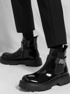 Mens Chelsea Boots Platform Glossy Leather Chunky Sole Elastic Ankle Boots