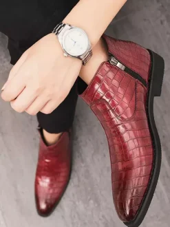 Mens Chelsea Boots Pointed-Toe Low Block Heel With Square Textured Upper