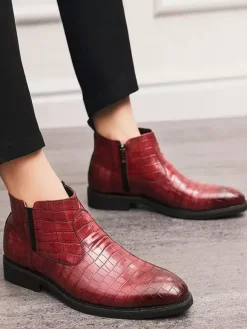 Mens Chelsea Boots Pointed-Toe Low Block Heel With Square Textured Upper