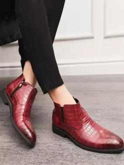 Mens Chelsea Boots Pointed-Toe Low Block Heel With Square Textured Upper