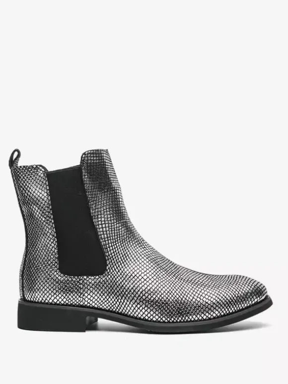 Mens Chelsea Boots Pointed-Toe Glossy Python-Print Leather With Low Block Heel Ankle Boots