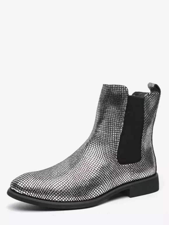 Mens Chelsea Boots Pointed-Toe Glossy Python-Print Leather With Low Block Heel Ankle Boots