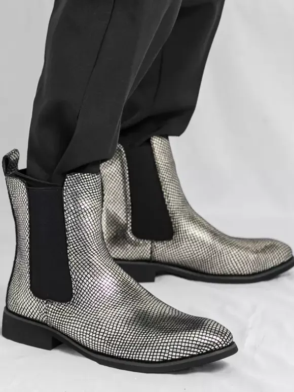 Mens Chelsea Boots Pointed-Toe Glossy Python-Print Leather With Low Block Heel Ankle Boots