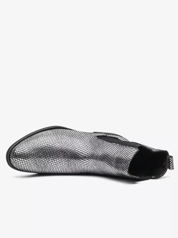 Mens Chelsea Boots Pointed-Toe Glossy Python-Print Leather With Low Block Heel Ankle Boots
