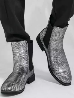 Mens Chelsea Boots Pointed-Toe Glossy Python-Print Leather With Low Block Heel Ankle Boots