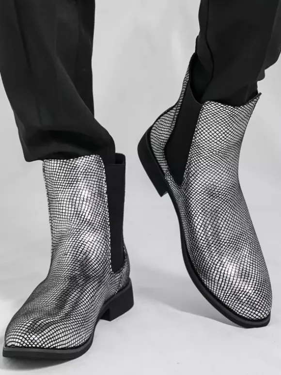 Mens Chelsea Boots Pointed-Toe Glossy Python-Print Leather With Low Block Heel Ankle Boots
