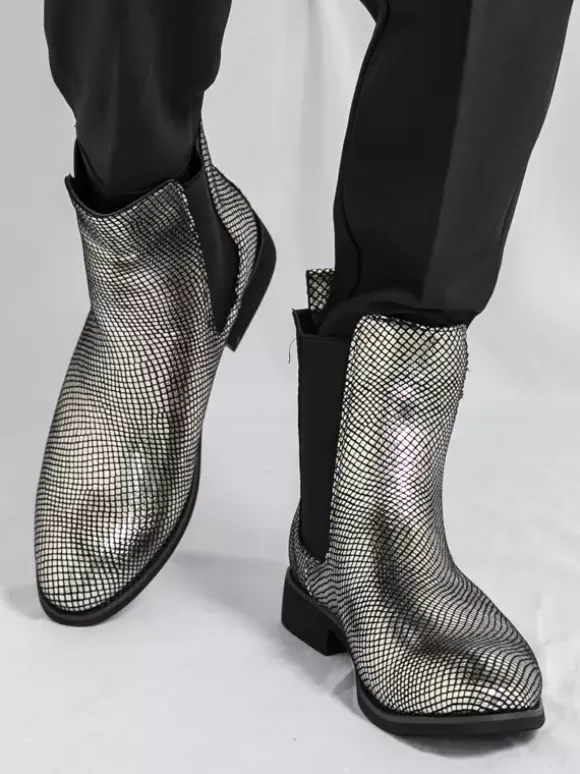 Mens Chelsea Boots Pointed-Toe Glossy Python-Print Leather With Low Block Heel Ankle Boots