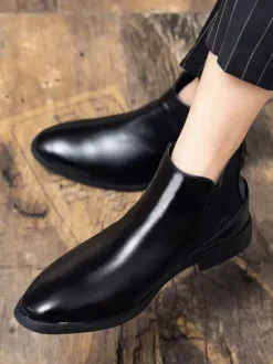 Mens Chelsea Boots Pointed-Toe Slim Leather Ankle Boots With Low Heel