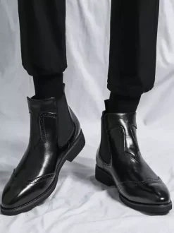 Mens Chelsea Boots Wingtip Pointed Toe Low Heel Ankle Boots