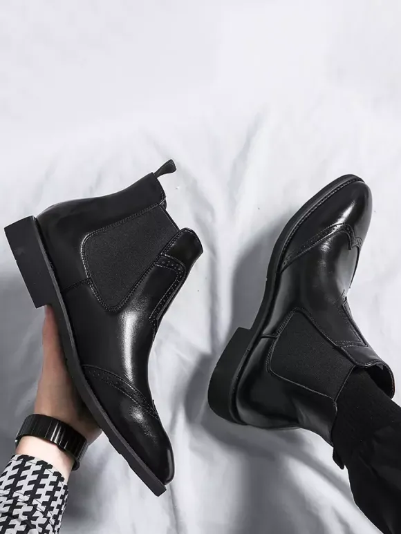 Mens Chelsea Boots Wingtip Pointed Toe Low Heel Ankle Boots