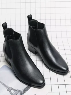 Mens Chelsea Short Boots Pointed Burnished Toe Leather Elastic Band Slip On Anti-slip Waterproof Casual Boots