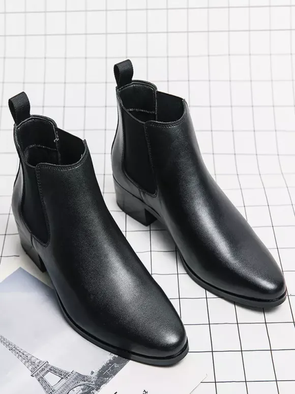 Mens Chelsea Short Boots Pointed Burnished Toe Leather Elastic Band Slip On Anti-slip Waterproof Casual Boots