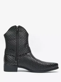 Mens Cowboy Boots Pointed Toe Low Heel Woven Leather Ankle Boots