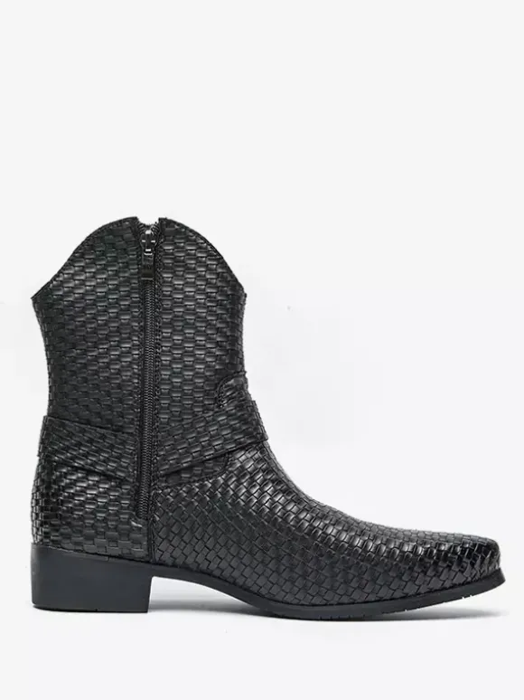 Mens Cowboy Boots Pointed Toe Low Heel Woven Leather Ankle Boots