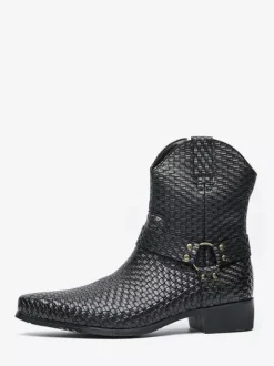Mens Cowboy Boots Pointed Toe Low Heel Woven Leather Ankle Boots
