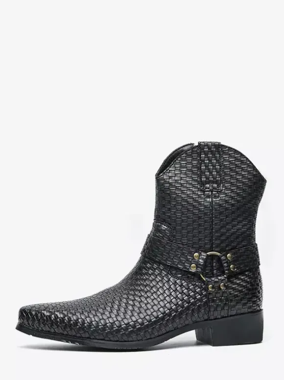 Mens Cowboy Boots Pointed Toe Low Heel Woven Leather Ankle Boots