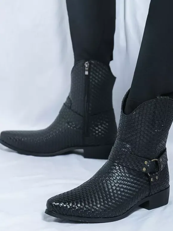 Mens Cowboy Boots Pointed Toe Low Heel Woven Leather Ankle Boots