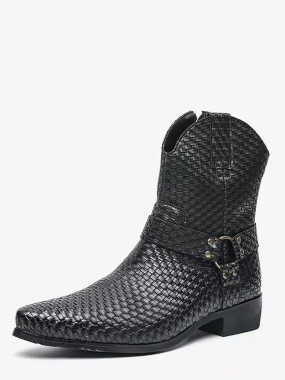 Mens Cowboy Boots Pointed Toe Low Heel Woven Leather Ankle Boots