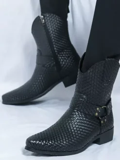 Mens Cowboy Boots Pointed Toe Low Heel Woven Leather Ankle Boots