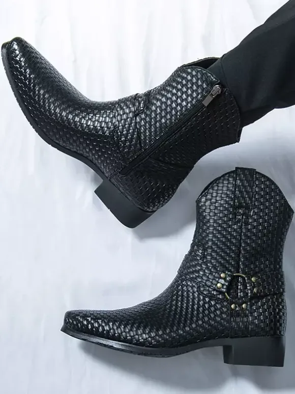 Mens Cowboy Boots Pointed Toe Low Heel Woven Leather Ankle Boots