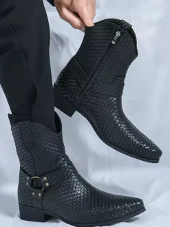 Mens Cowboy Boots Pointed Toe Low Heel Woven Leather Ankle Boots
