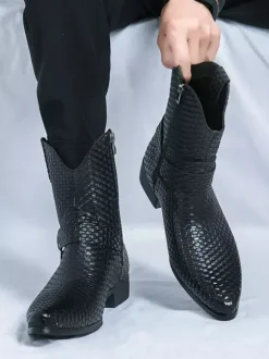 Mens Cowboy Boots Pointed Toe Low Heel Woven Leather Ankle Boots