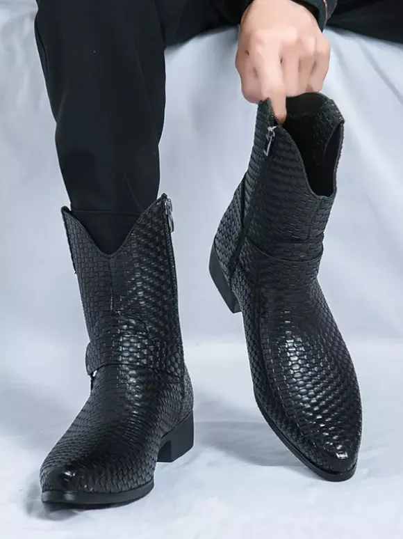 Mens Cowboy Boots Pointed Toe Low Heel Woven Leather Ankle Boots