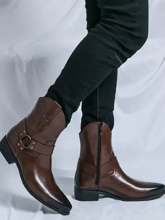 Mens Cowboy Boots Pointed Toe Leather Low Heel Button Accents Ankle Boots