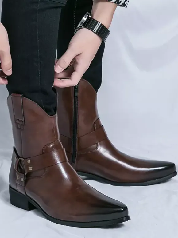 Mens Cowboy Boots Pointed Toe Leather Low Heel Button Accents Ankle Boots