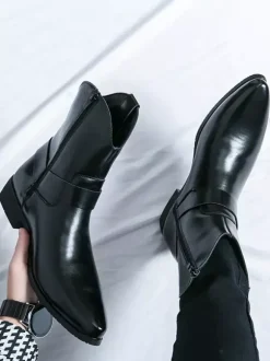 Mens Cowboy Boots Pointed Toe Leather Low Heel Button Accents Ankle Boots