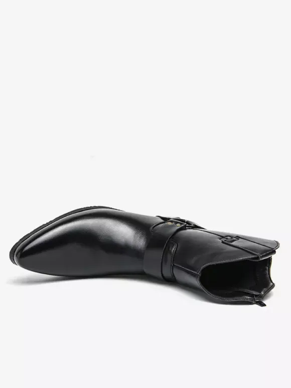 Mens Cowboy Boots Pointed Toe Leather Low Heel Button Accents Ankle Boots