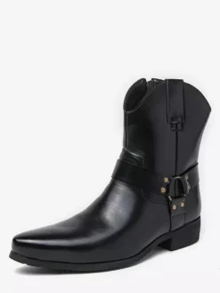 Mens Cowboy Boots Pointed Toe Leather Low Heel Button Accents Ankle Boots
